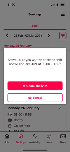 confirm shift booking direct